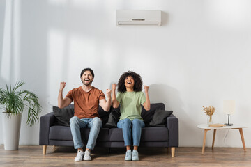 happy multiethnic rejoicing while sitting on couch in modern living room, hvac concept