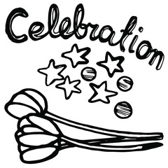 Vector hand drawn doodle birthday set , lettering celebration, confetti cone, birthday checkboxes