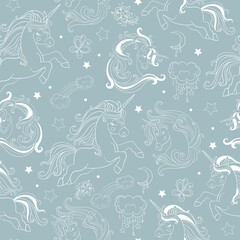 Seamless vector pattern with dreaming monochrome unicorns