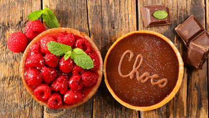 raspberry tart and chocolate pie- top view