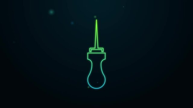Glowing neon line Awl tool with wooden handle icon isolated on black background. Work equipment tailor industry. 4K Video motion graphic animation