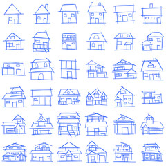 House icon set of rough line art, simple, blue