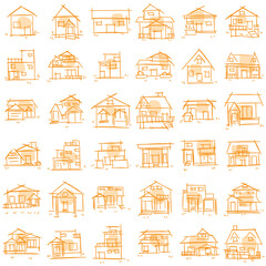 House icon set of rough line art, point, orange