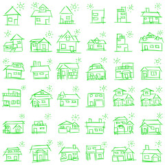 House icon set of rough line art, sun, green