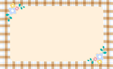 Blank paper with Brown Gingham Background Frame and Flower. Blank note Vector Illustration. 