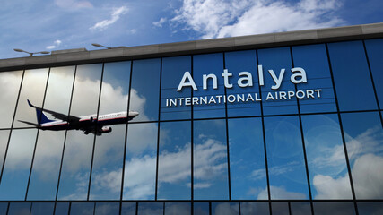Naklejka premium Airplane landing at Antalya Turkey airport mirrored in terminal