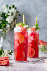 Summer watermelon refreshing drink with lime and soda. Delicious cocktail cold fruit drink. - obrazy, fototapety, plakaty