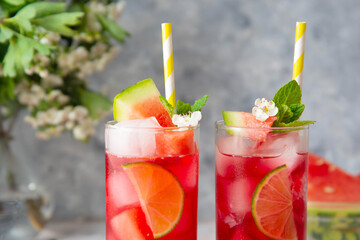 Summer watermelon refreshing drink with lime and soda. Delicious cocktail cold fruit drink.