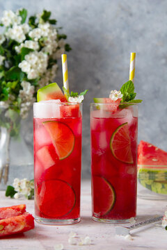 Summer watermelon refreshing drink with lime and soda. Delicious cocktail cold fruit drink.