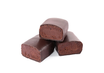 Delicious cut glazed cheeses with cocoa on white background