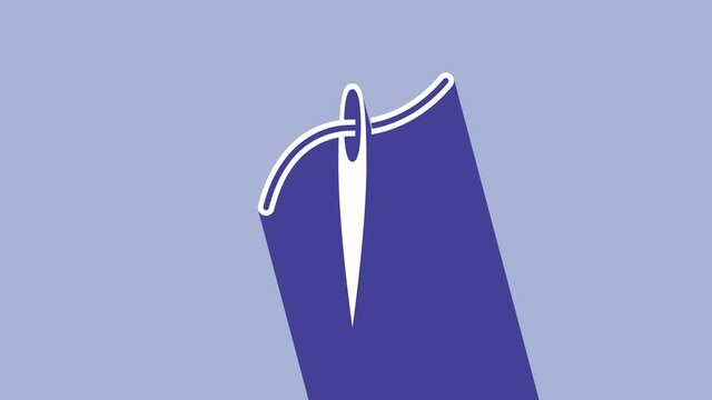White Needle for sewing with thread icon isolated on purple background. Tailor symbol. Textile sew up craft sign. Embroidery tool. 4K Video motion graphic animation