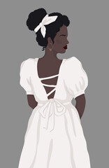 faceless black woman in white vintage dress with open back. vector isolated modern illustration. For poster, postcard, banner, book cover or magazine.