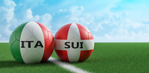 Leather balls in Italy and Switzerland national colors on a soccer field. Copy space on the right side - 3D Rendering 