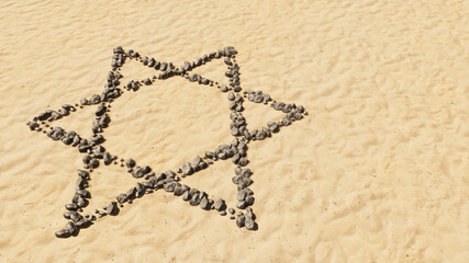 Concept conceptual stones on beach sand handmade symbol shape, golden sandy background, religious hebrew David star. 3d illustration metaphor for Judaism, Israel, religion, spirituality, prayer belief