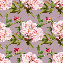 Seamless floral pattern with peonies on light background, watercolor. Template design for textiles, interior, clothes, wallpaper. Botanical art