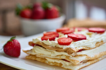 Homemade meringue Keto cake with strawberries. High quality photo