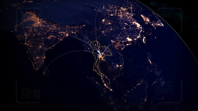 Flying to Thailand,Bangkok from many places. All flying to Thailand.Airplane trip on the map,globe.HUD with digital data code.Futuristic SciFi UI background.Global connection. - Powered by Adobe