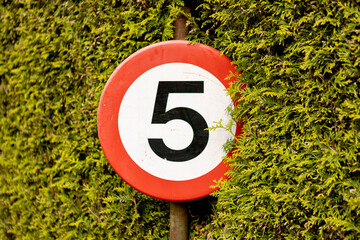 Dutch traffic sign among green hedge limiting the speed of passing cars to 5 kilometers an hour due to steep speed bumps and unclear transit situation. 