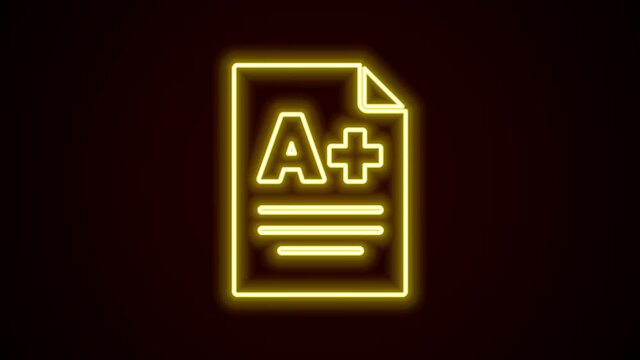Glowing neon line Exam sheet with A plus grade icon isolated on black background. Test paper, exam, or survey concept. School test or exam. 4K Video motion graphic animation