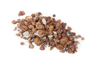 Pile of granola on white background, top view. Healthy snack