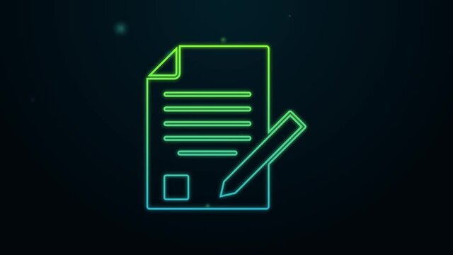 Glowing neon line Exam sheet and pencil with eraser icon isolated on black background. Test paper, exam, or survey concept. School test or exam. 4K Video motion graphic animation