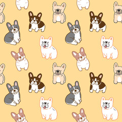 Seamless Pattern of Cute Cartoon French Bulldog Illustration Design on Yellow Background