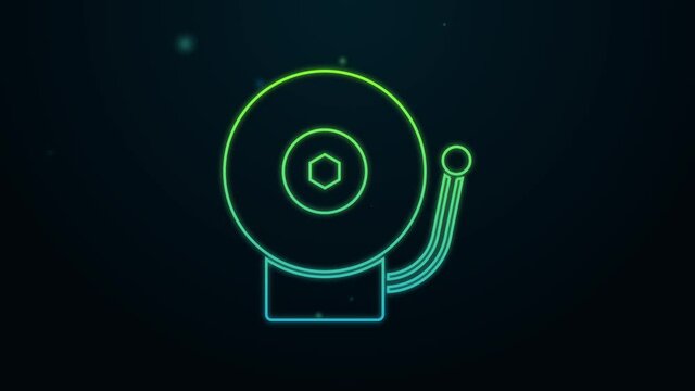 Glowing neon line Ringing alarm bell icon isolated on black background. Alarm symbol, service bell, handbell sign, notification symbol. 4K Video motion graphic animation
