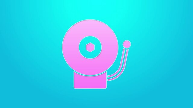 Pink line Ringing alarm bell icon isolated on blue background. Alarm symbol, service bell, handbell sign, notification symbol. 4K Video motion graphic animation