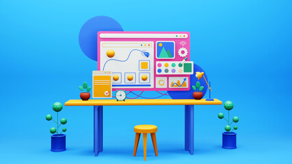 3D Illustration Of Graphic Designer Workplace On Blue Background.