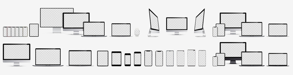 Big realistic set. Device screen mockup collection. Display, smartphone, tablet, laptop and monoblock monitor silver and black color with blank screen for you design. 