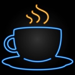 Coffee cup neon sign, modern glowing banner design, colorful trend of modern design on black background. Vector illustration.