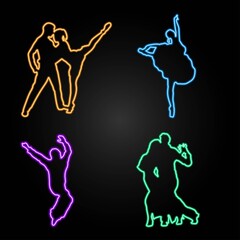 Neon sign dancers set, modern glowing banner design, colorful trend of modern design on black background. Vector illustration.