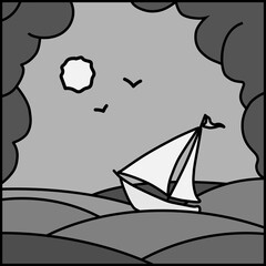 Dramatic seascape with a yacht struggling with the waves and the sun looking down