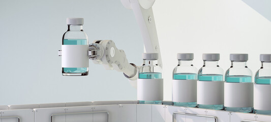 robot arm puts on conveyor medical vaccine