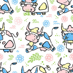 RUNNING COW To Farm To Give Milk And Pet Eating Branch With Leaves On Flower Meadow Cartoon In Sketch Style Hand-Drawn Cartoon Seamless Pattern Vector Illustration