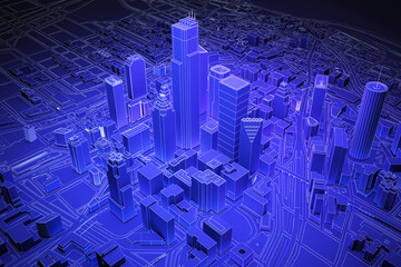 blue wireframe low poly city above view