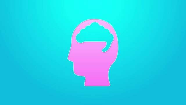 Pink line Human brain icon isolated on blue background. 4K Video motion graphic animation
