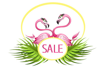 Two cute pink flamingos with SALE sign and green leaves on the white background
