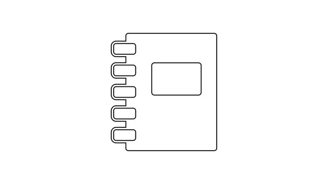 Black line Notebook icon isolated on white background. Spiral notepad icon. School notebook. Writing pad. Diary for school. 4K Video motion graphic animation