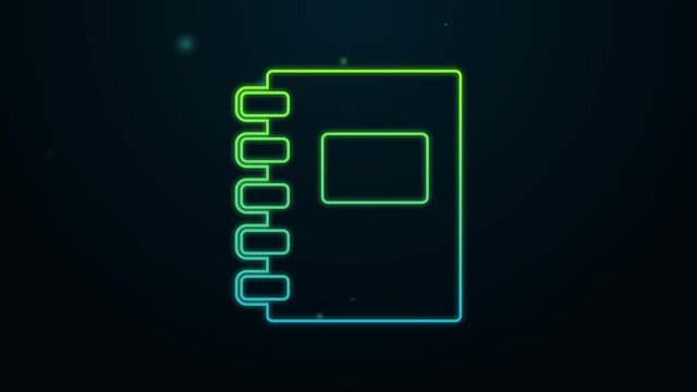 Glowing neon line Notebook icon isolated on black background. Spiral notepad icon. School notebook. Writing pad. Diary for school. 4K Video motion graphic animation