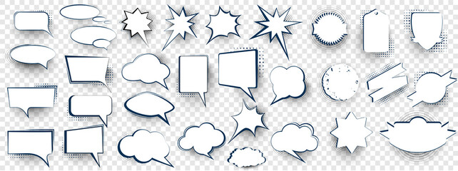 Set of speech bubbles. Blank retro empty comic bubbles. Comic book graphic art speech clouds, thinking bubbles and conversation text elements illustration set.   Blank cartoon discussion illustration