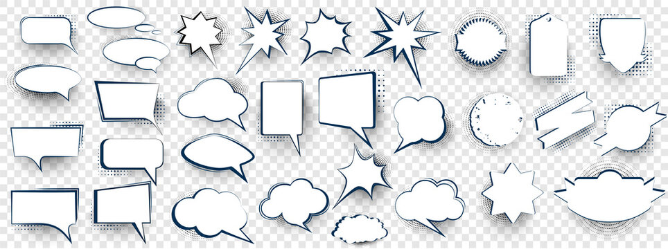 Set of speech bubbles. Blank retro empty comic bubbles. Comic book graphic art speech clouds, thinking bubbles and conversation text elements illustration set.   Blank cartoon discussion illustration