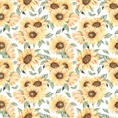 Watercolor sunflower  seamless pattern. Boho floral and leaves, rustic style,  Yellow floral pattern for nursery, travel design, wallpaper, apparel