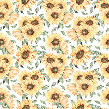 Watercolor sunflower  seamless pattern. Boho floral and leaves, rustic style,  Yellow floral pattern for nursery, travel design, wallpaper, apparel
