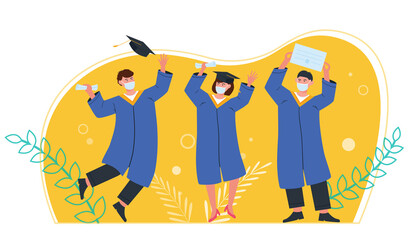 Graduating boy and girl student wearing medical masks. Celebrating university and college graduation.