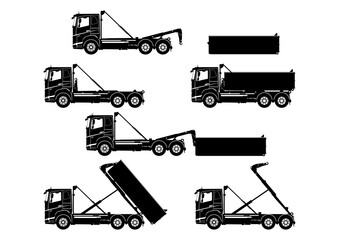 Silhouettes of skip truck hook lift with containers. Side view of roll on off skips. Flat vector. - 436010756