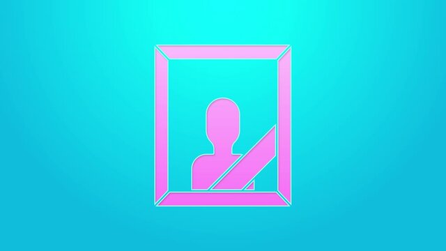 Pink line Mourning photo frame with black ribbon icon isolated on blue background. Funeral ceremony and condolence card layout. 4K Video motion graphic animation
