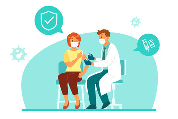 doctor with medical mask giving a vaccination to a woman