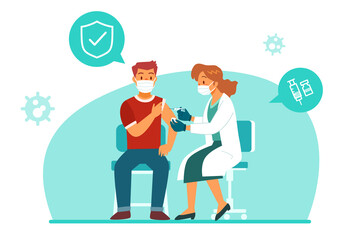 female doctor with medical mask giving a vaccine to male patient