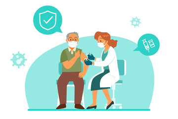 female doctor with medical mask giving elderly man a vaccination